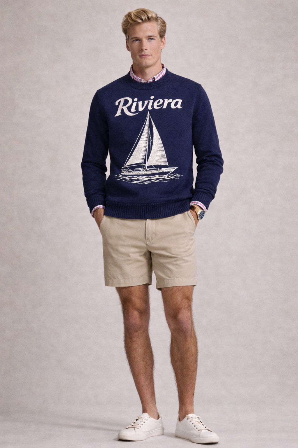 Textured Cotton Knit With Woven Riviera Motif Navy