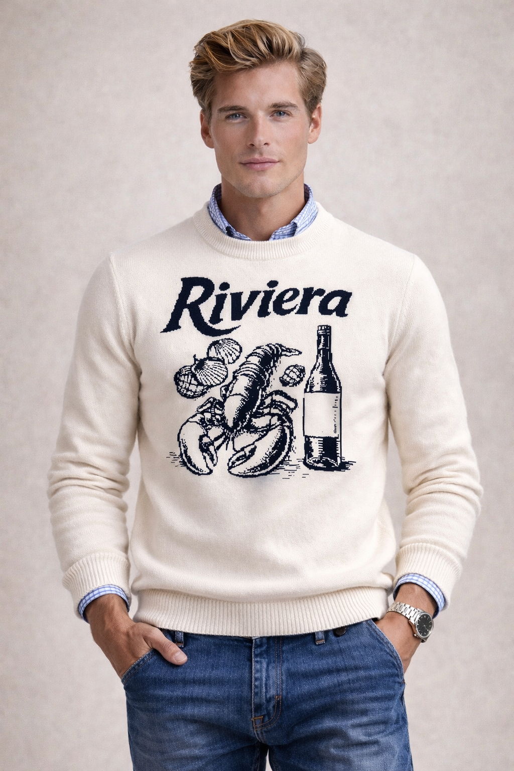 Textured cotton knit with woven Riviera Motif White