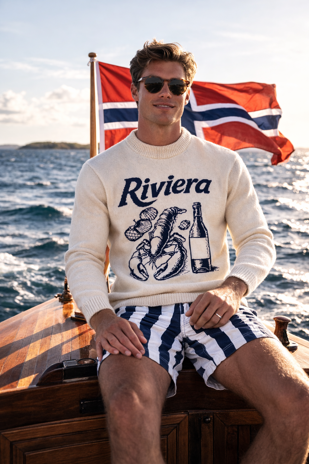 Textured cotton knit with woven Riviera Motif White