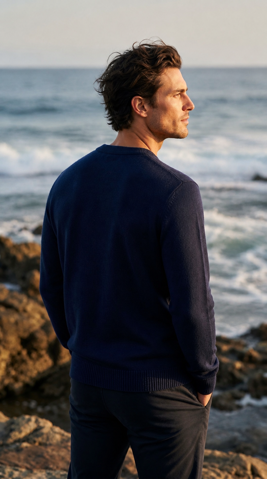 Textured Cotton Knit With Woven Riviera Motif Navy