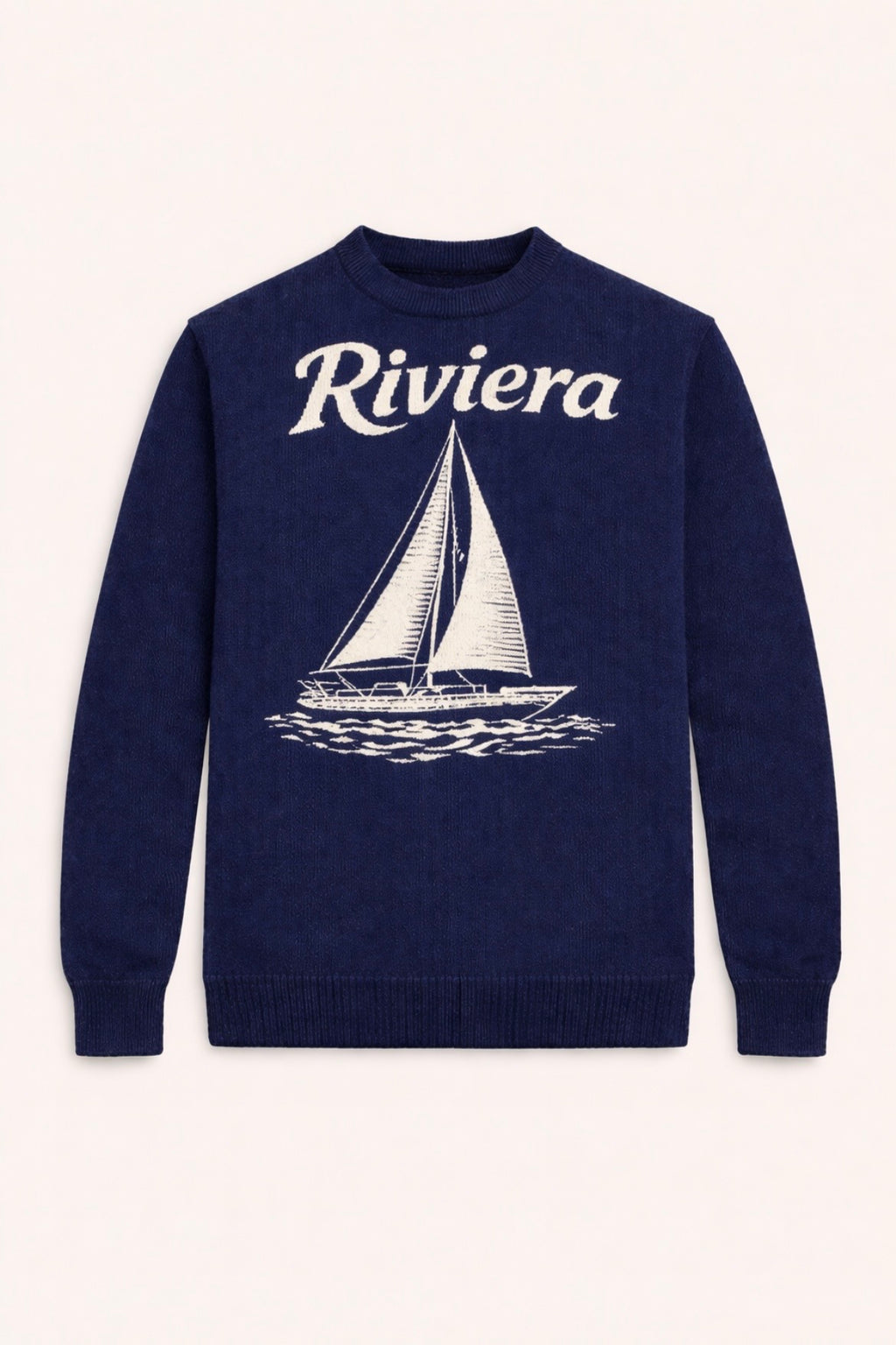 Textured Cotton Knit With Woven Riviera Motif Navy