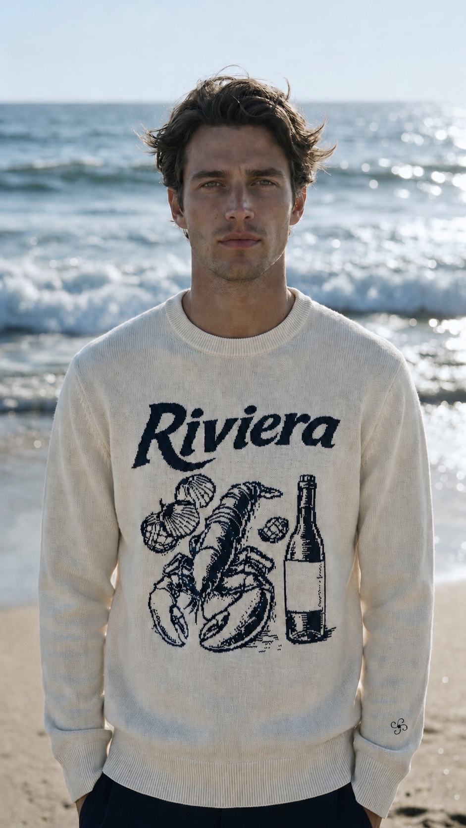Textured cotton knit with woven Riviera Motif White