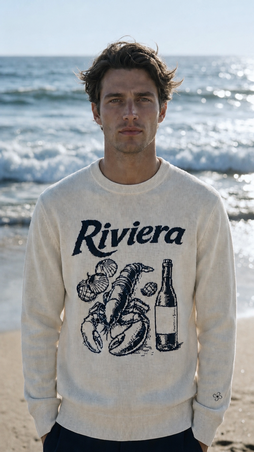 Textured cotton knit with woven Riviera Motif White
