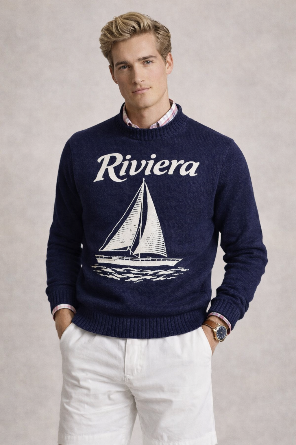 Textured Cotton Knit With Woven Riviera Motif Navy