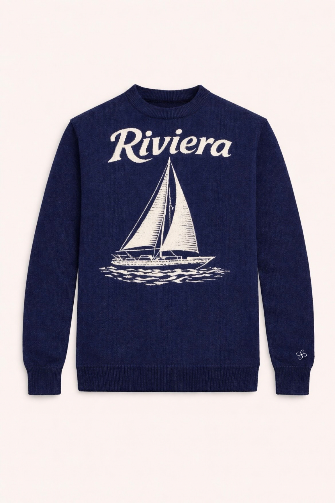 Textured Cotton Knit With Woven Riviera Motif Navy