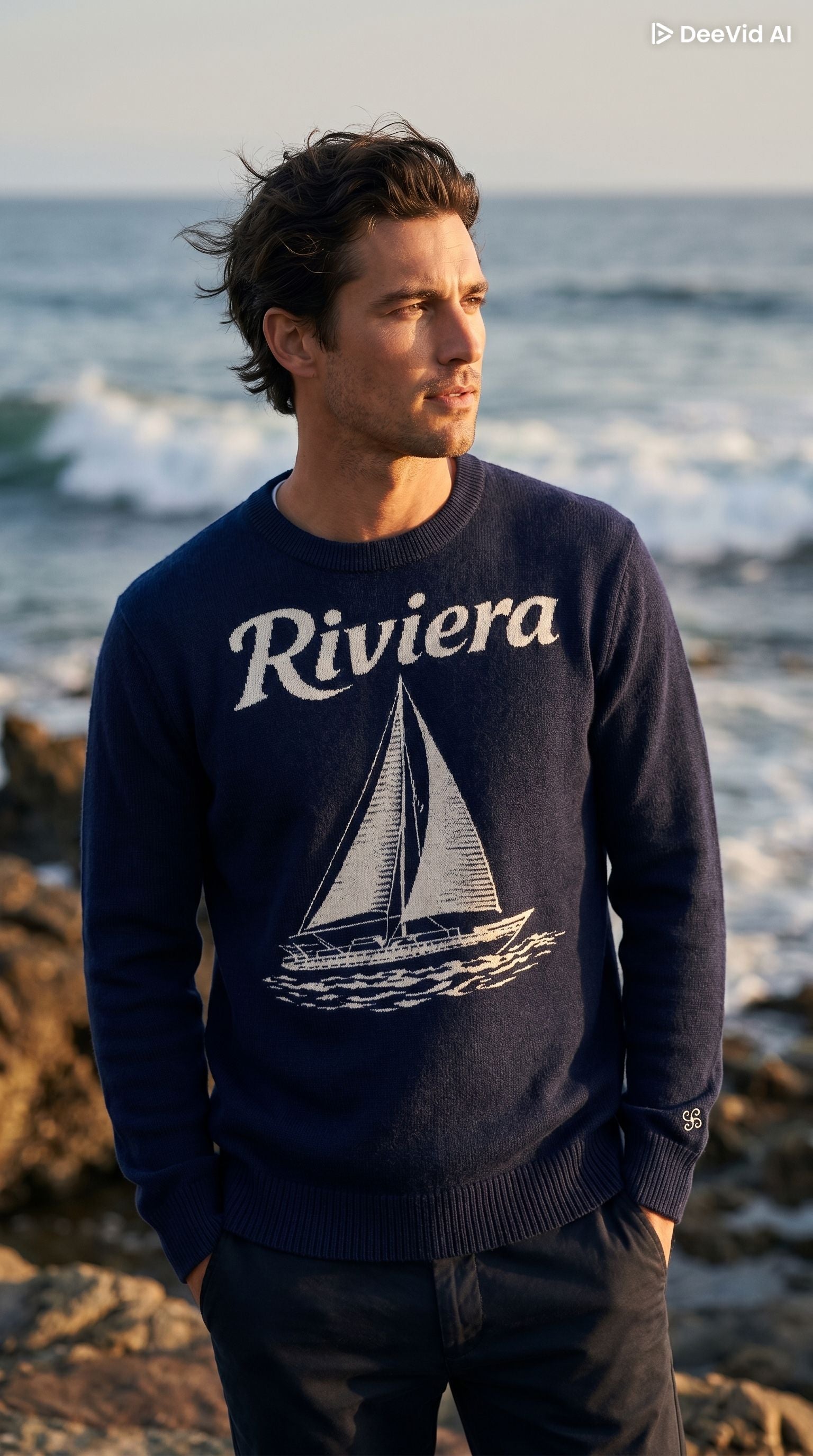 Textured Cotton Knit With Woven Riviera Motif Navy